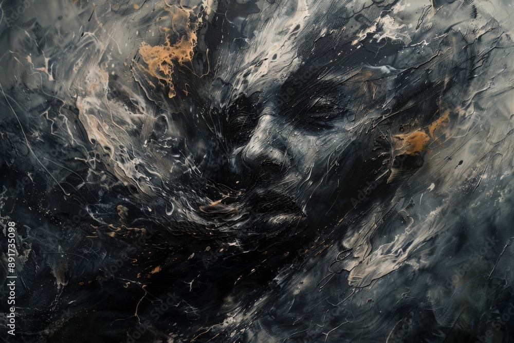Aufkleber This image portrays an abstract human face emerging from chaotic swirling patterns in dark and muted tones, suggesting emotions of turmoil and artistic transformation.