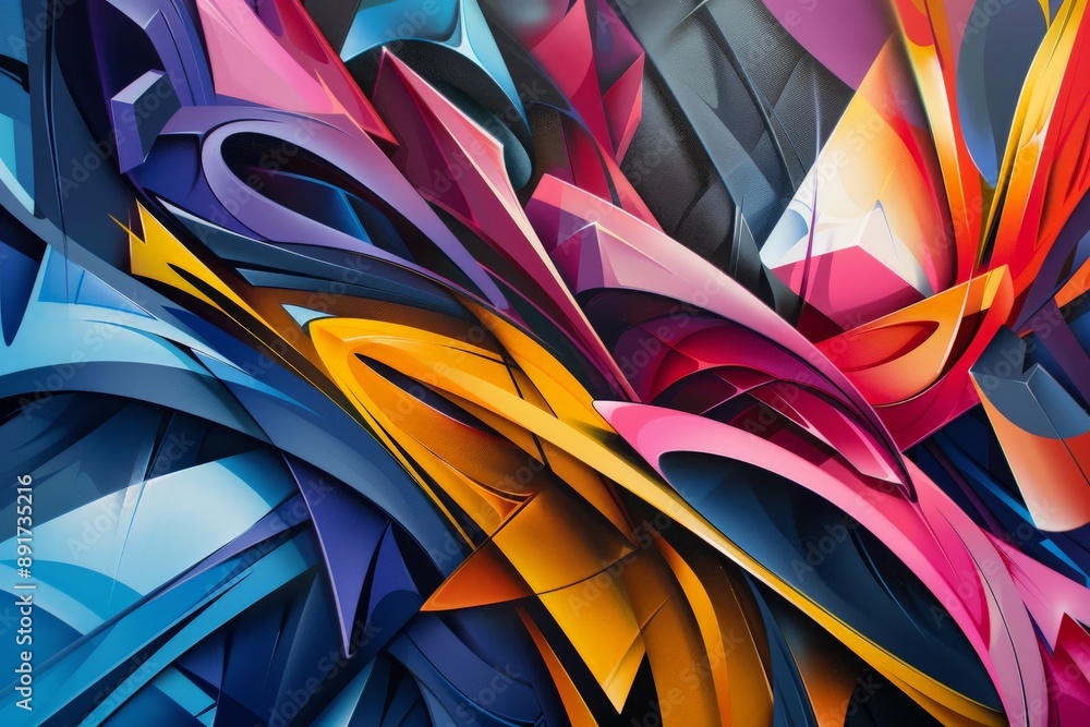 Fototapete A dynamic composition of geometric abstract lines and vibrant shapes. The image combines sharp edges and smooth curves, creating a bold and energetic visual impact.
