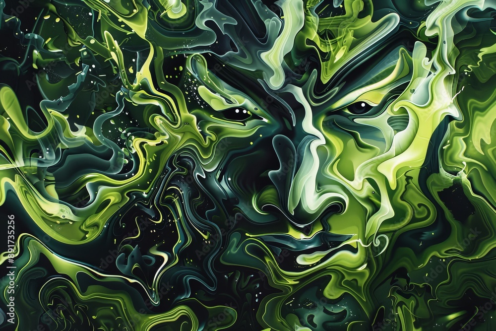 Aufkleber A dramatic abstract image of an enigmatic face encompassed by swirling green patterns. The intense visual intrigue captures a sense of mystique and emotion.