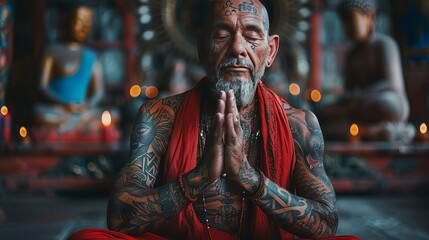 Captivating Of A Tattooed Buddhist Monk In An Orange Robe Meditating at Temple