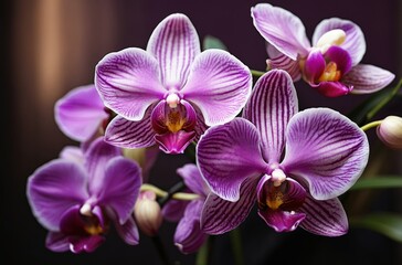 Close-up of bouquet vibrant pink and white orchids with intricate striations