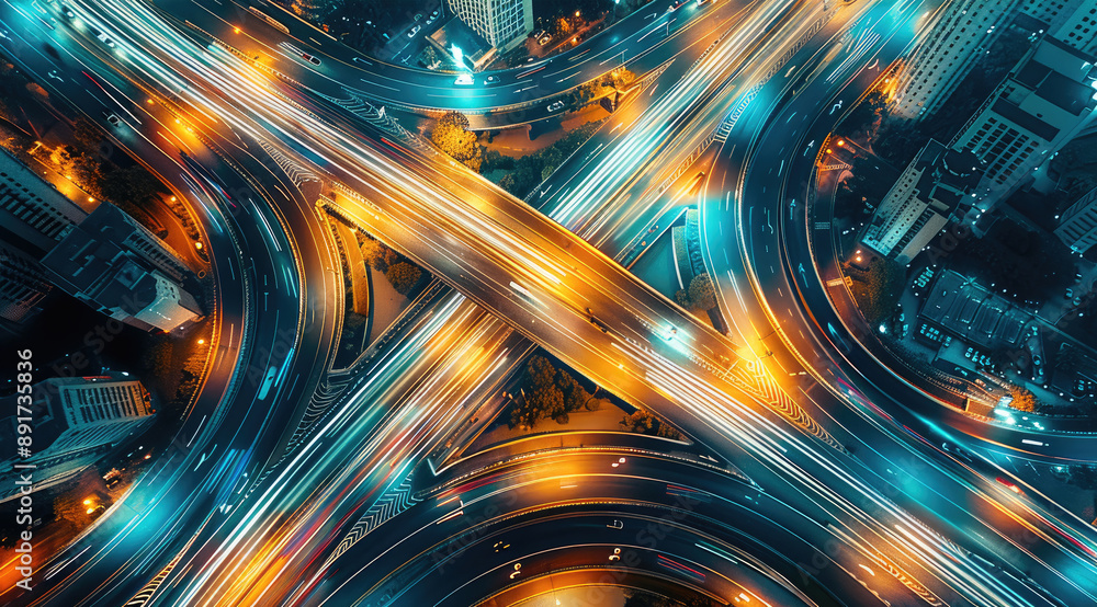 Poster Aerial view of Road Traffic jam on multiple lane highway with speed light trail from car background, Expressway road junction in metropolis city center at night scene. Generative AI.