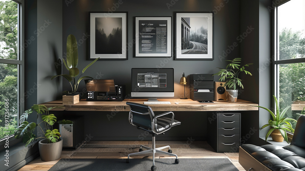 Aufkleber an interior design for a home office with a minimalistic modern desk, two empty frames with no poste