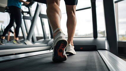Close-up of man feet on a treadmill running at the gym or at home