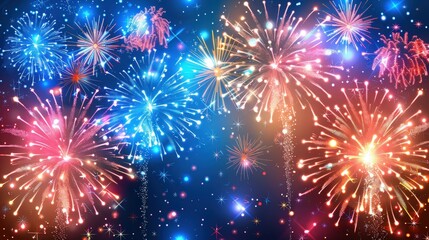Fototapeta premium A colorful fireworks display lights up the night sky with vibrant bursts of red, blue, and yellow