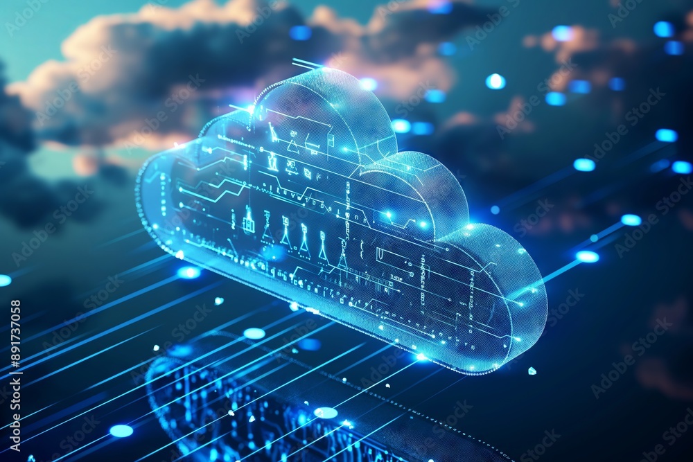 Poster futuristic cloud computing visualization with neon lights. concept cloud storage
