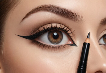 Naklejka premium Using an angled brush to apply eyeliner for a precise line. 