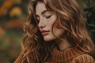 Naklejka premium Serene Woman, Wistful Eyes, Overgrown Garden, Knit Sweater, Soft Light
