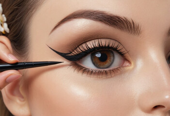  Using an angled brush to apply eyeliner for a precise line. 