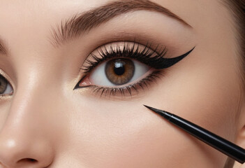 Naklejka premium Using an angled brush to apply eyeliner for a precise line. 