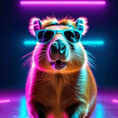 Large portrait of capybara in stylish sunglasses in neon crimson-purple light. Creative concept of the advertising banner. Copy space