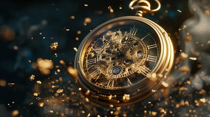 Fototapeta premium Intricate Golden Pocket Watch with Shiny Gears on Black Background