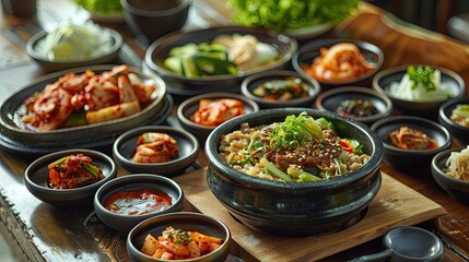 Fototapeta premium A beautifully arranged set of Korean rice wine (makgeolli) in a traditional ceramic bowl, with a ladle and small cups, alongside a plate of kimchi and side dishes