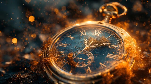 Glowing antique pocket watch on dark background with glowing particles