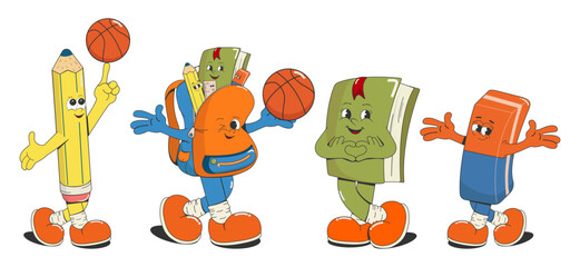 A set of school cartoon groovy characters: a school backpack, a pencil, a textbook, an eraser, a basketball. Educational concept, back to school. Isolated on a white background.Vector illustration.
