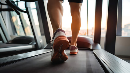 Close-up of man feet on a treadmill running at the gym or at home