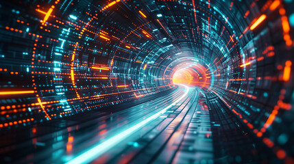 Vivid neon lights line a data tunnel within a cyber network space, symbolizing high-speed internet and data processing..