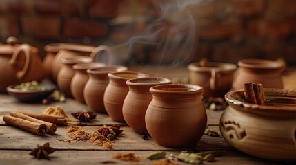 Fototapeta premium A beautifully arranged set of clay cups filled with steaming masala chai, with cinnamon sticks, cardamom pods, and star anise scattered around on a rustic wooden table