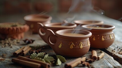 Fototapeta premium A beautifully arranged set of clay cups filled with steaming masala chai, with cinnamon sticks, cardamom pods, and star anise scattered around on a rustic wooden table