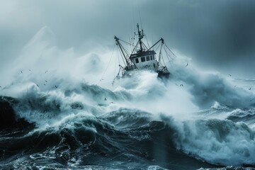 fishing boat in storm with big waves © Anna