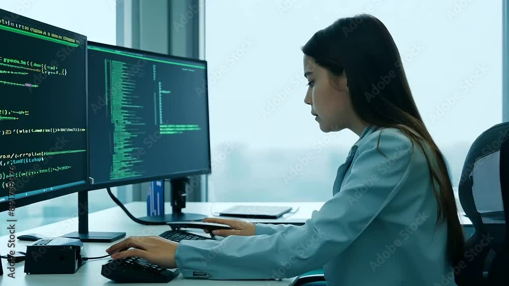 Poster side view of a young woman coding on a computer in a modern office setting.