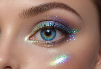 Fototapeta premium A close-up of holographic makeup reflecting light in an eye-catching way. 
