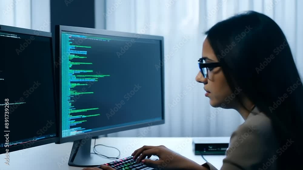 Poster female software developer working on code at her desk
