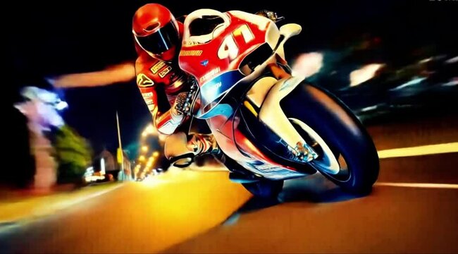 A rider racing a superbike through a city at night