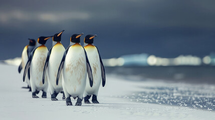Obraz premium Emperor Penguins Marching on Snowy Beach