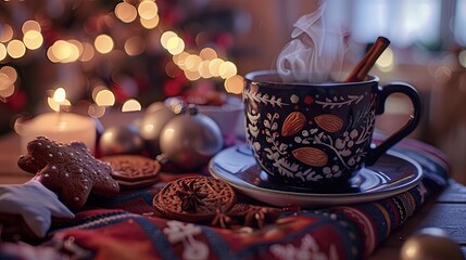A cozy scene with a steaming mug of traditional Finnish garnished with almonds and raisins, with a side of gingerbread cookies on a festive tablecloth