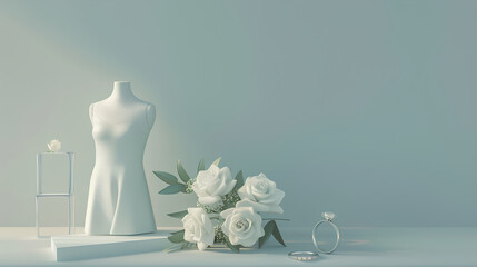 White wedding dress on mannequin, white roses and sunlight, light blue background,