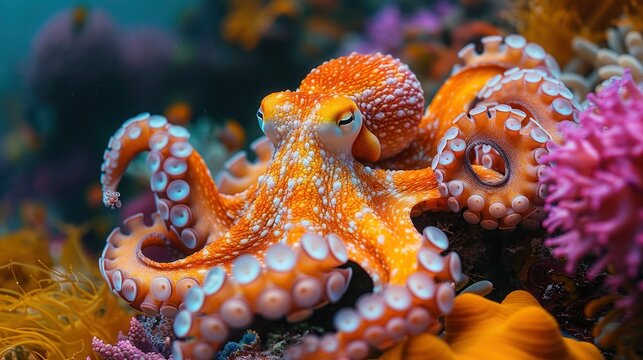 Octopus Among Colorful Corals: Artistic Deep-Sea Beauty