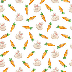 Cute rabbit character. Seamless pattern. Kawaii cartoon hare. Vector drawing. Design ornaments.