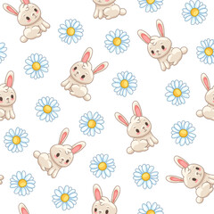 Cute rabbit character. Seamless pattern. Kawaii cartoon hare. Vector drawing. Design ornaments.