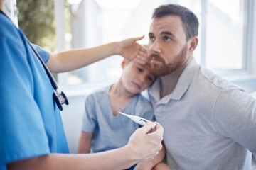 Clinic, thermometer and nurse with child by parent for virus infection, fever and medical support. Healthcare, pediatrician and man with appointment of sick boy for flu, temperature and Covid