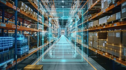 Futuristic Warehouse with Digital Overlay