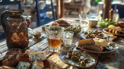 Fototapeta premium A rustic table setup with a pitcher of traditional Greek ouzo, accompanied by glasses of the anise-flavored drink, and small plates of olives, cheese, and bread