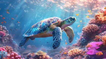Fototapeta premium Turtle Among Colorful Tropical Fish and Coral Reef Animals in Underwater Sea World