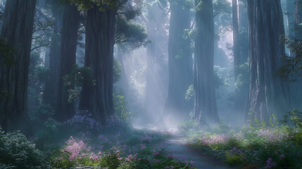 : Ancient redwood forest in misty morning light