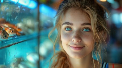 Fototapeta premium Shopping for Fresh Catch: Beautiful Young Woman Buying Fishes at the Local Fish Shop