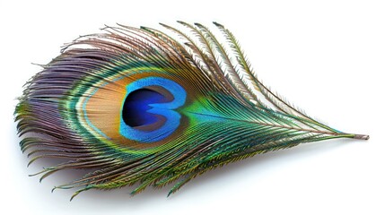 Single Peacock Feather on White Background - Vibrant and Colorful Isolated Plume for Design and Decoration