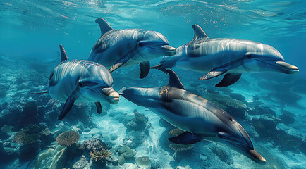 Fototapeta premium A pod of dolphins swimming freely and playfully in a protected marine reserve. Generative AI.