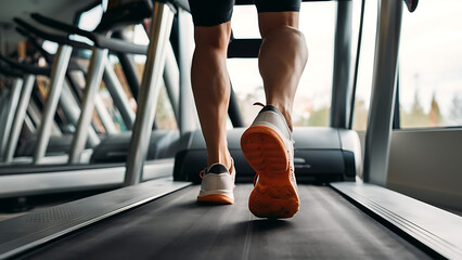 Close-up of man feet on a treadmill running at the gym or at home