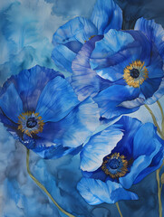 Realistic Watercolor Painting of Himalayan Blue Poppies