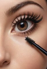 Naklejka premium A close-up of a mascara wand with volumized lashes, depicting dramatic results. 