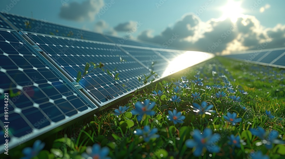 Poster rows of advanced photovoltaic panels meticulously installed on a vibrant grassy field, with the pane
