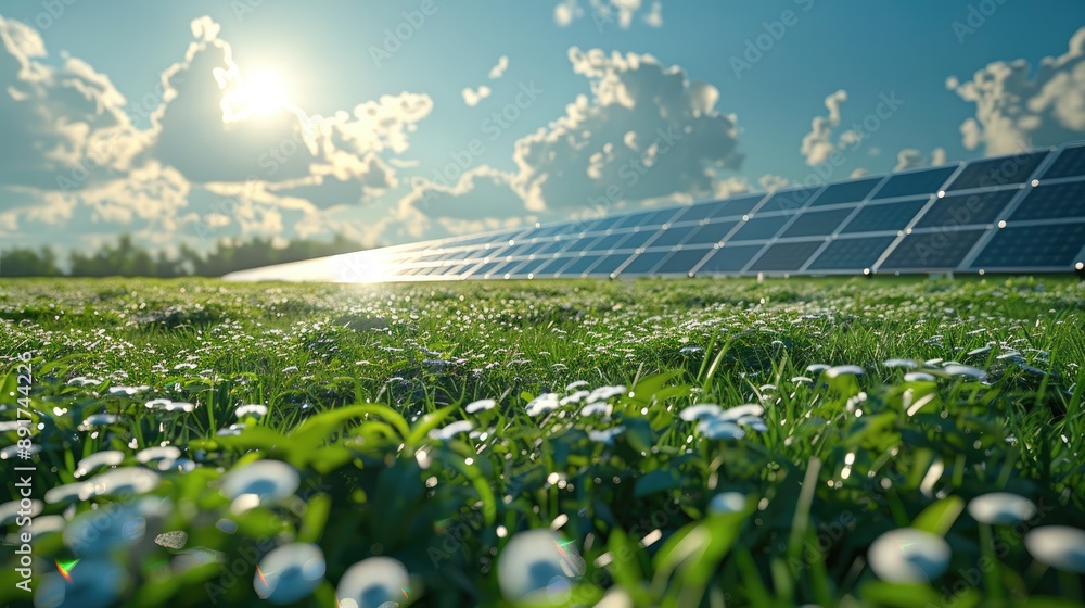 Poster rows of advanced photovoltaic panels meticulously installed on a vibrant grassy field, with the pane