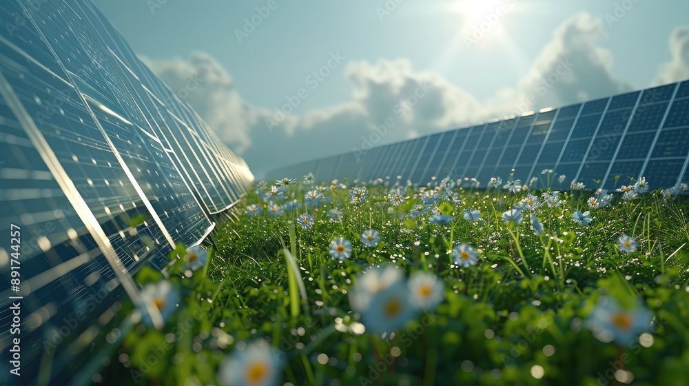 Poster rows of advanced photovoltaic panels meticulously installed on a vibrant grassy field, with the pane
