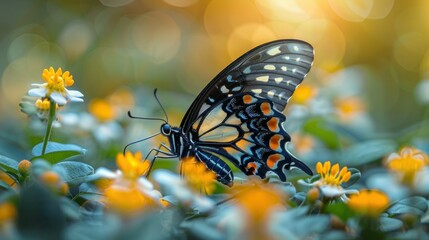 Papilio Butterfly Resting on Flower Plants in Natural Habitat with Soft Green Background