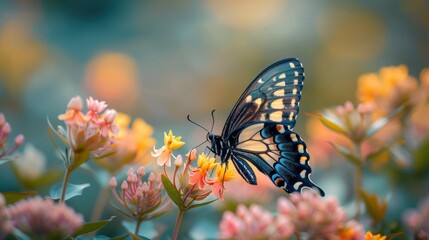 Papilio Butterfly Resting on Flower Plants in Natural Habitat with Soft Green Background